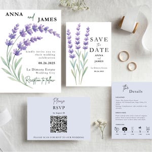 Pacchetto di modelli per inviti di nozze floreali viola: design lavanda modificabile (download digitale)