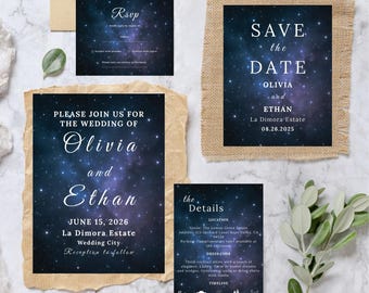 Celestial Digital Wedding Invitation Suite | Invitation | RSVP | Save the Date | Details Card | Photo Card | Galaxy Star Themed Invitation