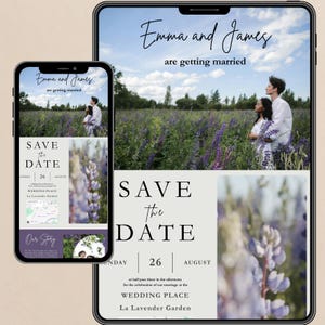 May include: Digital wedding invitation on a smartphone and tablet. The invitation features the text "Emma and James are getting married" and "Save the Date" with the date August 26. The background shows a couple in a field of purple flowers.