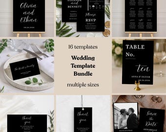 May include: A selection of black wedding stationery templates with white text. Includes welcome signs, invitations, RSVP cards, table numbers, place cards, and thank you cards. The text includes names, dates, and phrases like "Find Your Seat."