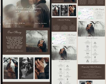 Puede incluir: Un diseño de invitación de boda con un tema romántico. El diseño presenta a una pareja besándose, con los nombres "Anna y James" y la fecha y hora de la boda. La invitación incluye detalles sobre la boda y el orden de los eventos.