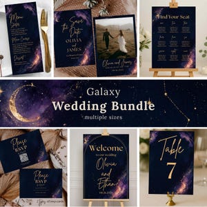 May include: A galaxy-themed wedding bundle featuring various stationery items. Includes menu cards, save-the-date cards, RSVP cards, seating charts, welcome signs, and table numbers. The design incorporates a dark blue background with gold accents and celestial imagery.