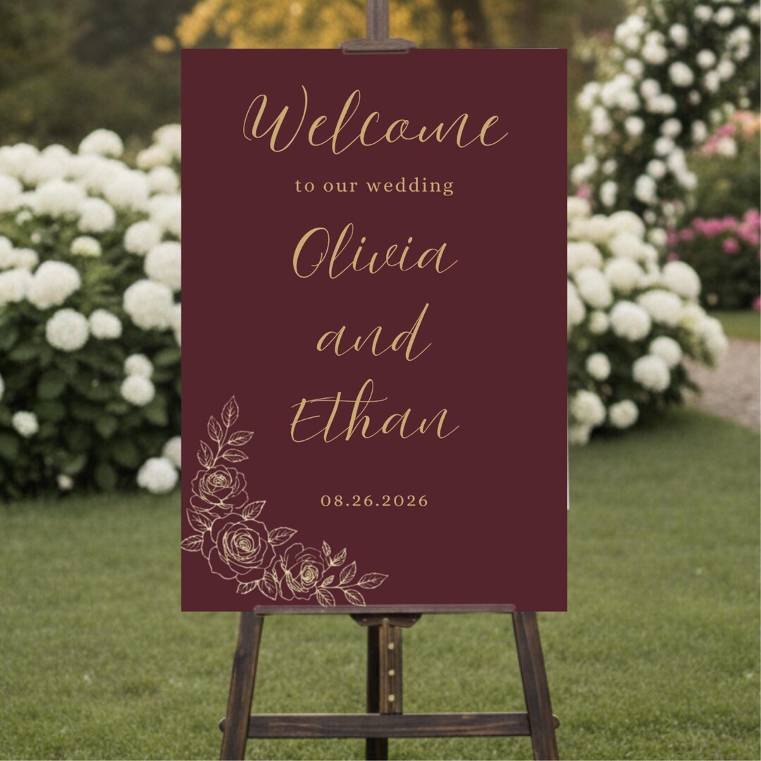 Digital Welcome Note Design Burgundy Floral Digital Welcome Sign Template | Dark Red Gold Elegant ...