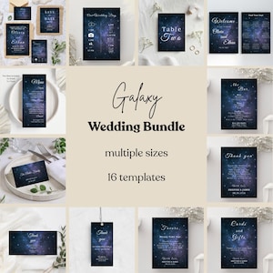 May include: A collection of galaxy-themed wedding stationery, including invitations, menus, table cards, and thank you notes. The design features a dark blue and purple starry night sky with white text. The bundle includes 16 templates.