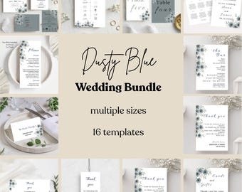 Dusty Blue Digitale Hochzeits Vorlage | Blaue Blumen Hochzeit Vorlage Kit zum selbst ausdrucken | Bearbeitbares Hochzeitsleinen Set | Hochzeits-Vorlagen