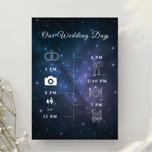 May include: A wedding day timeline poster with a starry night background. The poster includes illustrations of wedding rings, a camera, a couple, champagne glasses, a plate, and a car. The text "Our Wedding Day" is at the top.