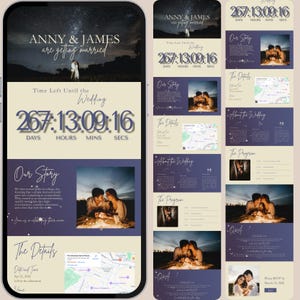 Puede incluir: Una pantalla de teléfono móvil muestra un sitio web de bodas. El encabezado dice "ANNY & JAMES se casan". Un temporizador de cuenta regresiva muestra 267 días, 13 horas, 9 minutos y 16 segundos. El sitio incluye secciones sobre la historia de la pareja, detalles y programa.