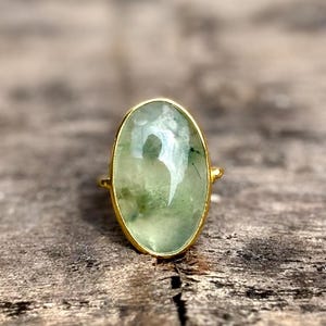 14k guldpläterad prehnitring, sterlingsilver, akvagrön ädelsten (10 x 20 MM)