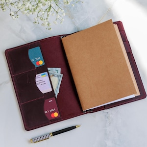 Graverat läderomslag till anteckningsbok, Personligt påfyllningsbart anteckningsblock, Anteckningsblocksomslag med ficka, Inbunden läderjournal, Handgjort journalomslag