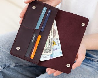 Personalized leather long wallet, Long wallet for women, Engraved long wallet, Handcrafted leather wallet, Leather wallet with initials