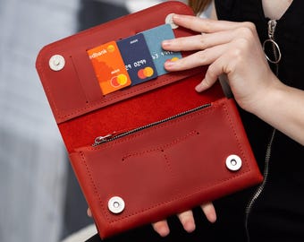 Red Women's Leather Wallet, Personalized Leather Wallet With Zipper, Leather Wallet with Cardholder, Engreved Anniversary Gift