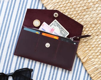 Monogrammed leather wallet women, Leather envelope wallet, Personalized long wallet, Handmade leather wallet women, Leather cash wallet