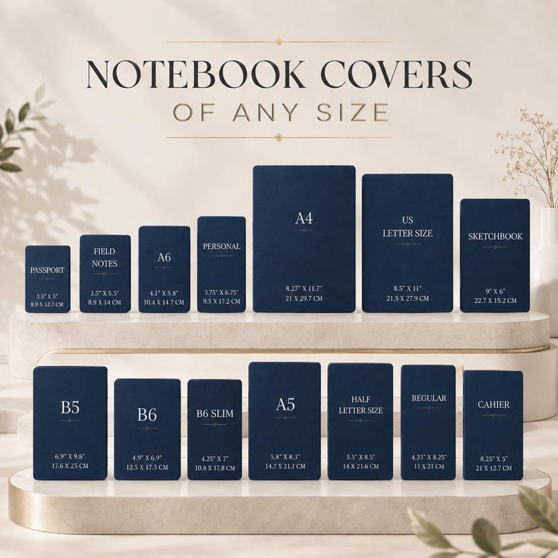Op de afbeelding: Een collectie donkerblauwe rechthoekige notitieboekhoezen gerangschikt in twee rijen. Elke hoes bevat witte tekst die de maat aangeeft, waaronder Passport, Field Notes, A6, Personal, A4, US Letter Size, Sketchbook, B5, B6, B6 Slim, A5, Half Letter Size, Regular en Cahier, met afmetingen in centimeters en inches.