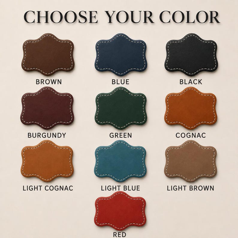 Może przedstawiać: Wzornik kolor&oacute;w z napisem CHOOSE YOUR COLOR przedstawia dziesięć sk&oacute;rzanych etykiet o falistych krawędziach w kolorach brązowym, niebieskim, czarnym, bordowym, zielonym, koniakowym, jasnokoniakowym, jasnoniebieskim, jasnobrązowym i czerwonym.