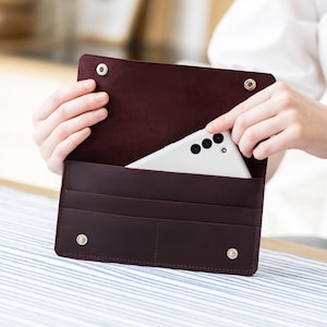 Handmade leather long wallet, Personalized long wallet, Minimalist leather wallet for women, Monogrammed leather wallet, Large wallet women