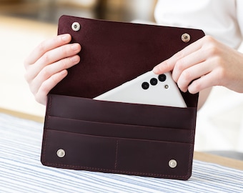 Customized leather long wallet, Leather phone wallet, Engraved womens wallet, Monogrammed long wallet, Leather wallet with initials