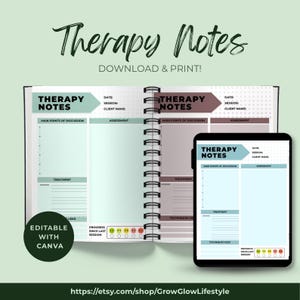 Könnte beinhalten: Eine digitale Therapie-Notizen-Vorlage mit dem Text "Therapy Notes" und "Download & Print!" auf einem Notizbuch und einem Tablet. Die Vorlage enthält Abschnitte für Hauptpunkte, Bewertung und Behandlung, mit einem Fortschritts-Tracker.