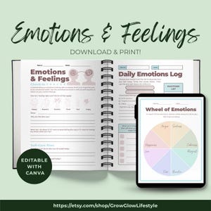 Puede incluir: Un diario abierto con espiral y una tableta que muestra una "Rueda de las Emociones". Las páginas del diario presentan indicaciones para chequeos emocionales y planes de autocuidado. El texto "Emotions & Feelings" y "Download & Print!" son visibles.