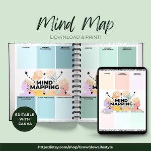 May include: A mind map template with the text "Mind Map" and "Download & Print!" displayed in a spiral-bound notebook and a tablet. The template includes sections for events, challenges, and thoughts, with the words "Mind Mapping" in the centre.