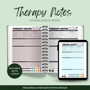 Könnte beinhalten: Ein offenes Therapie-Notizbuch und ein Tablet, das eine digitale Version anzeigt. Das Notizbuch ist aufgeschlagen und zeigt Abschnitte für Klienteninformationen und wichtige Diskussionspunkte. Das Tablet zeigt ein ähnliches Layout. Die Worte "Therapy Notes" sind sichtbar.