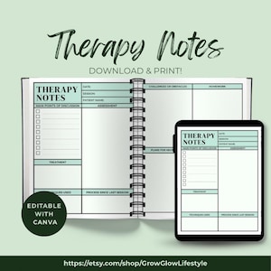 May include: A digital download of therapy notes, featuring a spiral-bound notebook and a tablet displaying the same design. The notebook and tablet have a teal and white layout with sections for notes and assessments. The text "Therapy Notes" is at the top.