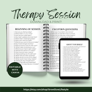 May include: A digital therapy session journal with prompts for self-reflection. The journal is open to a page with questions about the beginning of a session and exception questions. A smartphone displays questions about yourself. The words "Therapy Session" are at the top.