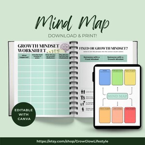 May include: A digital download featuring a mind map worksheet and a tablet displaying a mind map diagram. The worksheet is designed for growth mindset exercises, with sections for reflection and action. The tablet shows a colorful mind map with various thought categories.