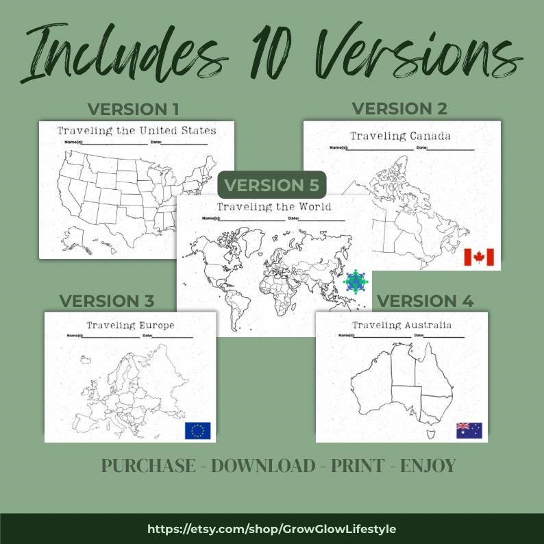 Printable Travel Maps: Color-in World Adventure Tracker (PDF Download ...