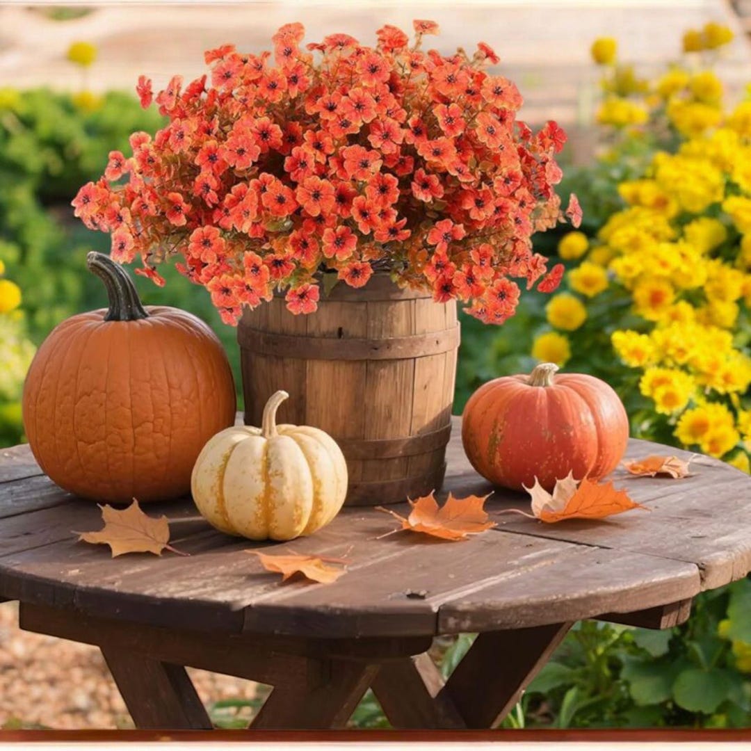 18 Pack Outdoor Artificial Mum Flowers – Realistic Orange Fall Silk ...