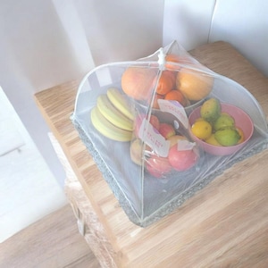 May include: A white mesh food cover with a gray trim, protecting a display of fresh fruit. The arrangement includes bananas, oranges, lemons, and apples in pink and clear containers. The cover is on a wooden surface.