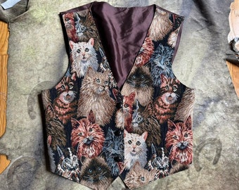 vintage 90s cat print tapestry button up vest size XL