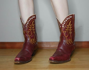 Vintage 70s western red leather acme cowboy boots Sz 8-8.5