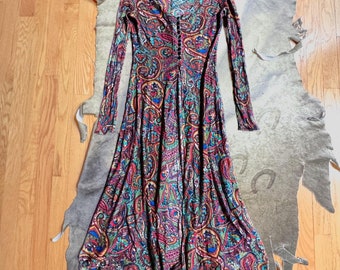 Vintage 60s boho hippie colorful paisley print long sleeve duster style dress top size XS S
