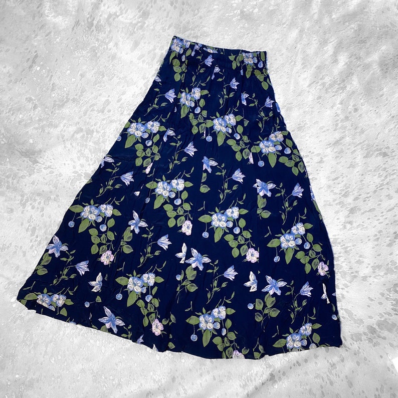 Vtg 90s grunge cottage core blue floral print max skirt size S | Etsy