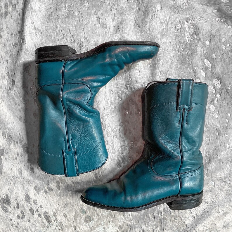 vtg 80s womens green blue justin leather cowboy boots made in usa size 7c