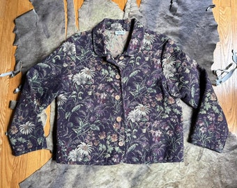 Cottage grunge purple floral tapestry garden chore jacket by coldwater creek size L XL