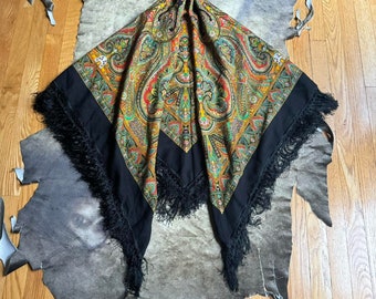 Vintage 70s 80s boho whimsygoth colorful paisley floral tassel trim scarf