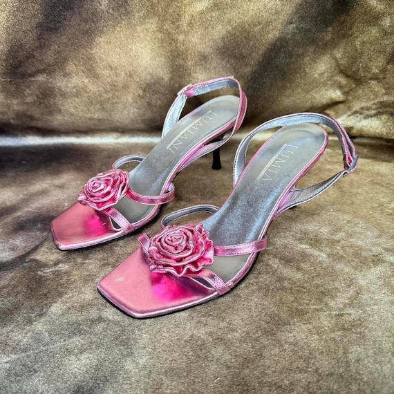 y2k metallic leather pink rosette kitten heels ma… - image 1