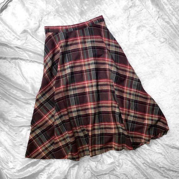 vtg 70s wool brown and red plaid a line skirt 27”