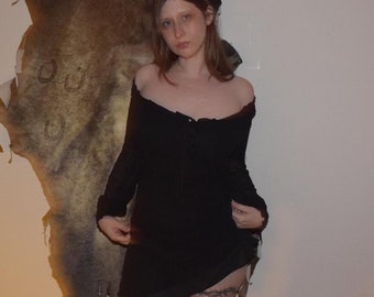 90s y2k romantic goth silk long sleeve dress with milk maid tie bodice Size 9 10