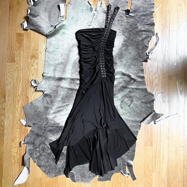 90s y2k Bebe goth morbid fairy dress with on shoulder snap up and ruched asymmetrical hem
