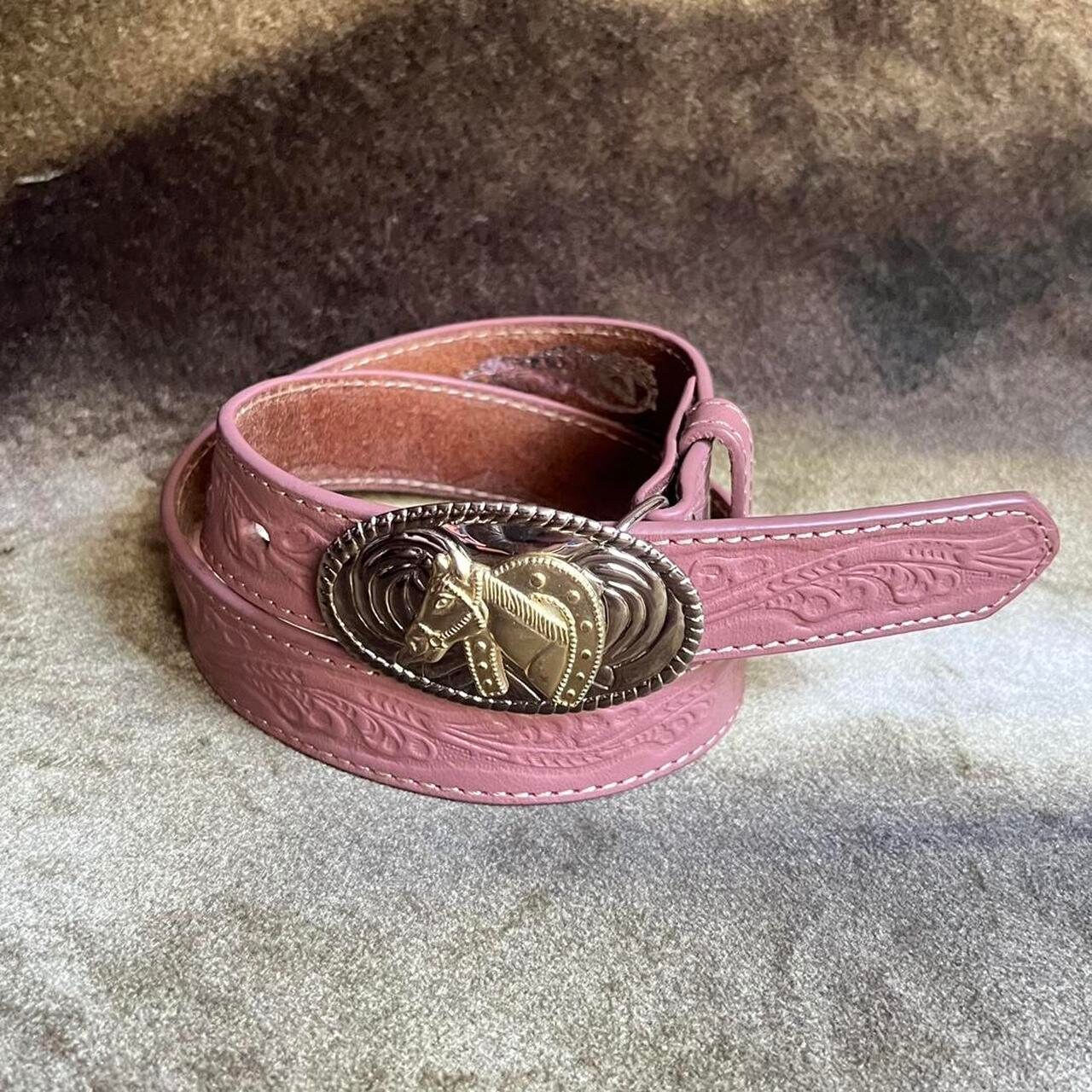 Vtg 90s Womens Pink Leather Tooled Leather Western Belt With