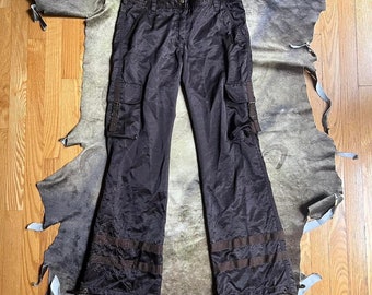 Y2k brown satin utility cargo low waisted flared pants with floral embroidery size S 30"