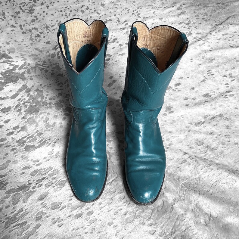 vtg 80s womens green blue justin leather cowboy boots made in usa size 7c
