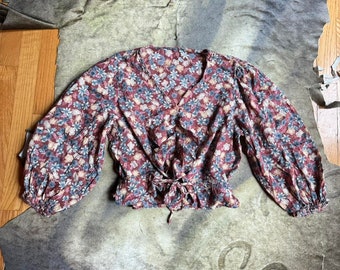 70s handmade cottage western prairie floral cotton blouse size M