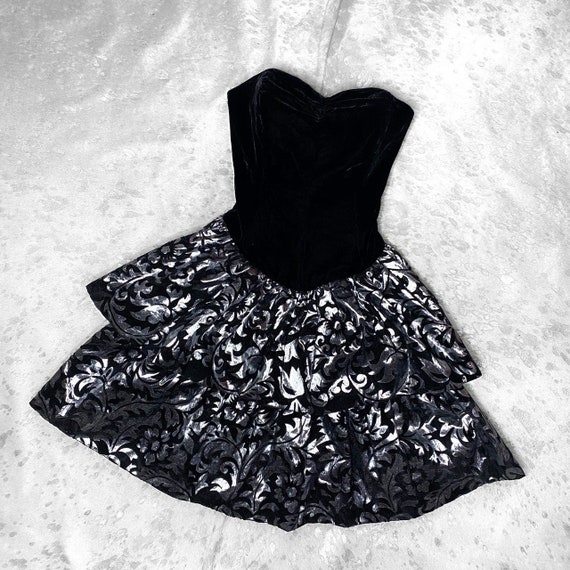 vtg 80s prom black velvet strapless mini dress wit