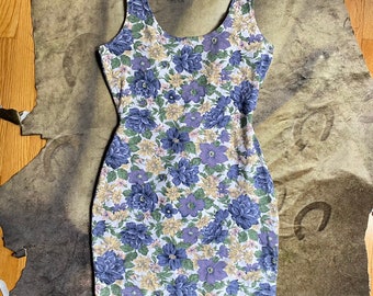 vtg 80s floral print bodycon sleeveless minidress size M