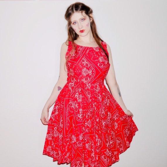 Vtg 50s/60s red bandana paisley print prairie dres