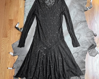 1920s goth black lace long sleeve mourning dress size XS