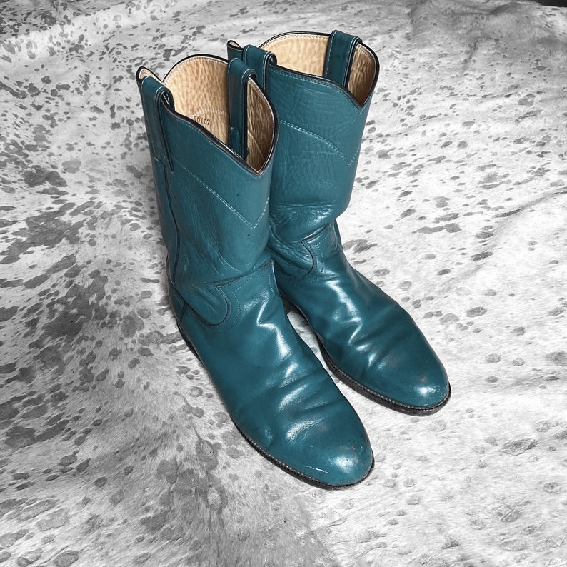 vtg 80s womens green blue justin leather cowboy boots made in usa size 7c